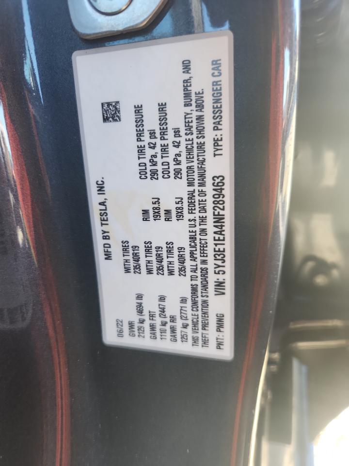 2022 Tesla Model 3 VIN: 5YJ3E1EA4NF289463 Lot: 82372415
