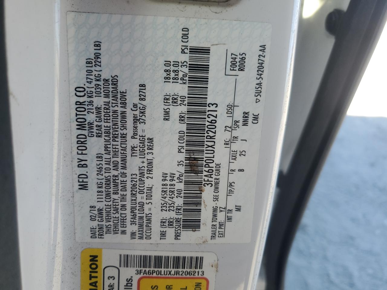 2018 Ford Fusion Se Hybrid VIN: 3FA6P0LUXJR206213 Lot: 89549625