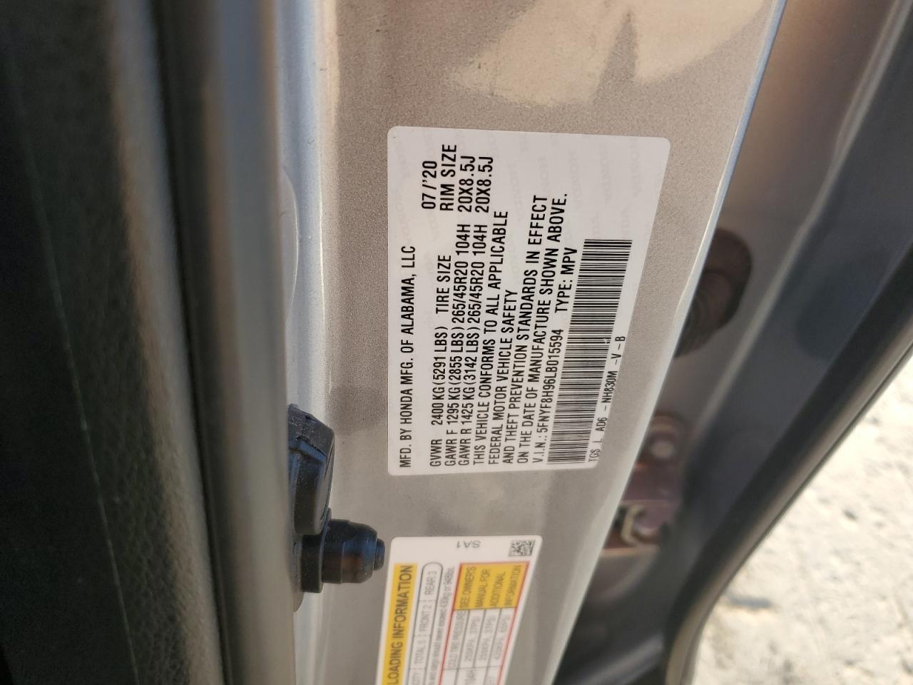 2020 Honda Passport Touring VIN: 5FNYF8H96LB015594 Lot: 86551875