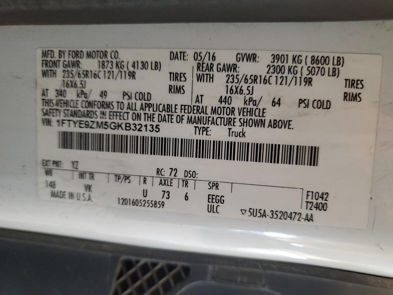 2016 Ford Transit T-150 VIN: 1FTYE9ZM5GKB32135 Lot: 90880155