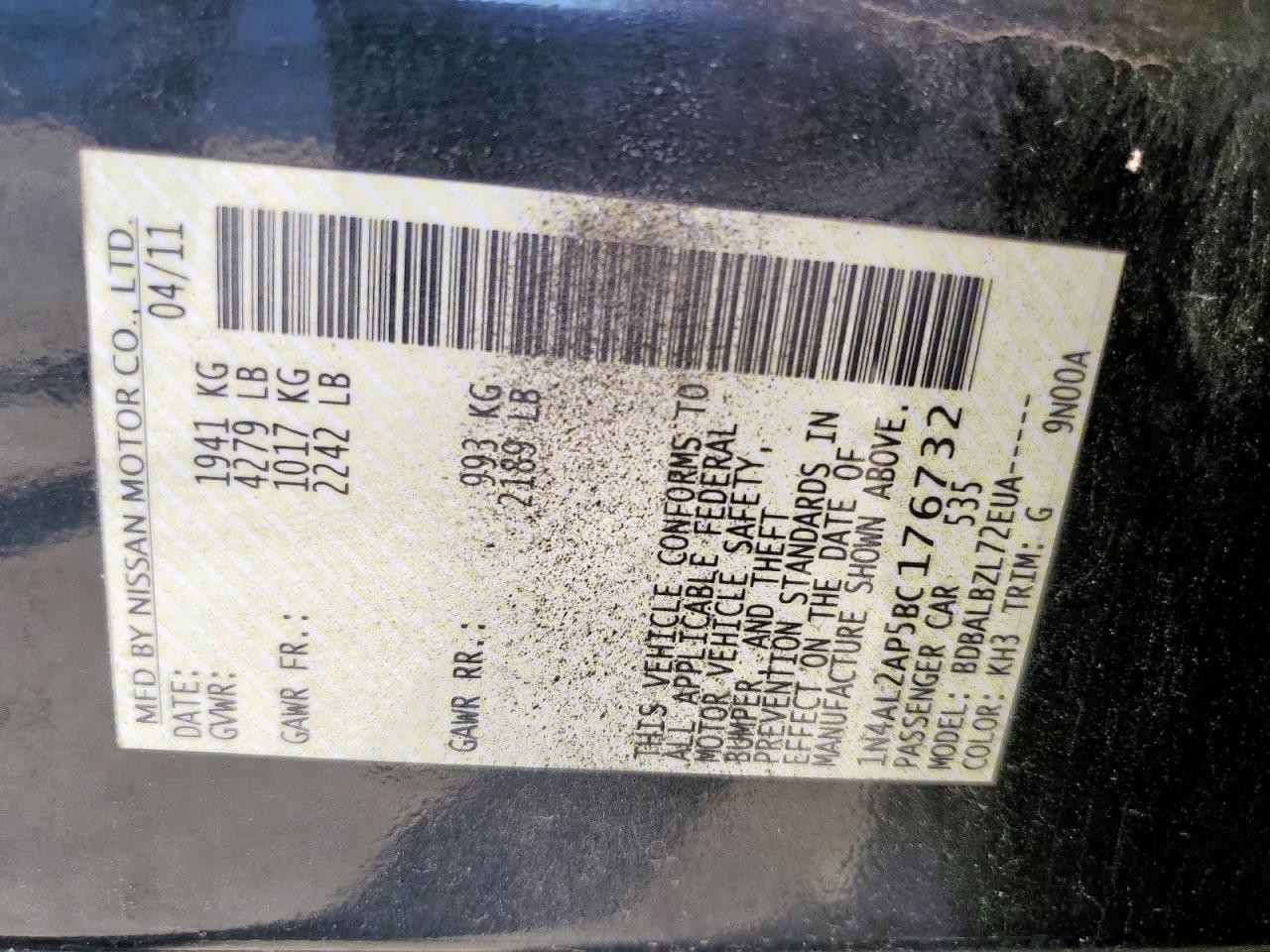 2011 Nissan Altima Base VIN: 1N4AL2AP5BC176732 Lot: 86060325