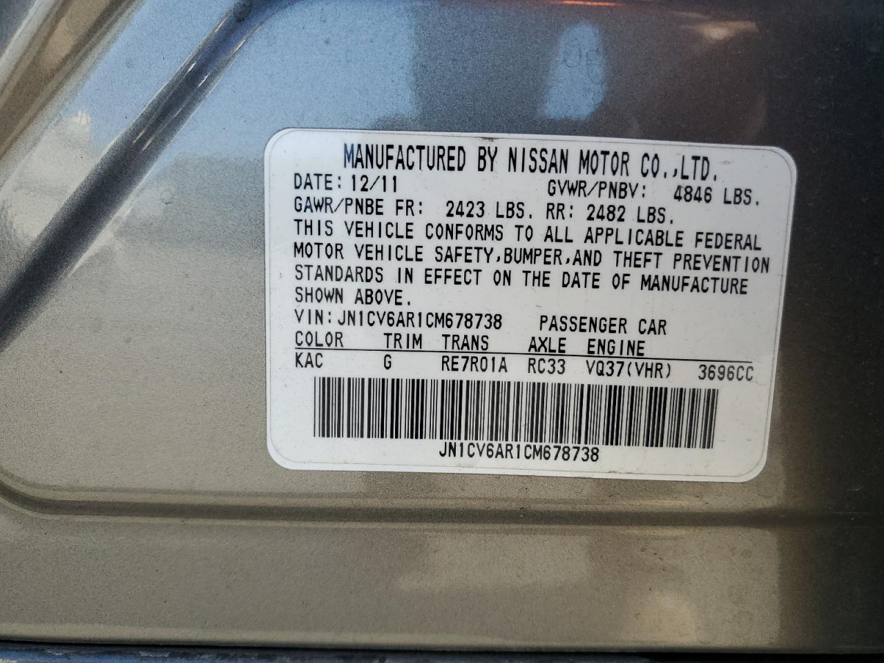 2012 Infiniti G37 VIN: JN1CV6AR1CM678738 Lot: 85535695