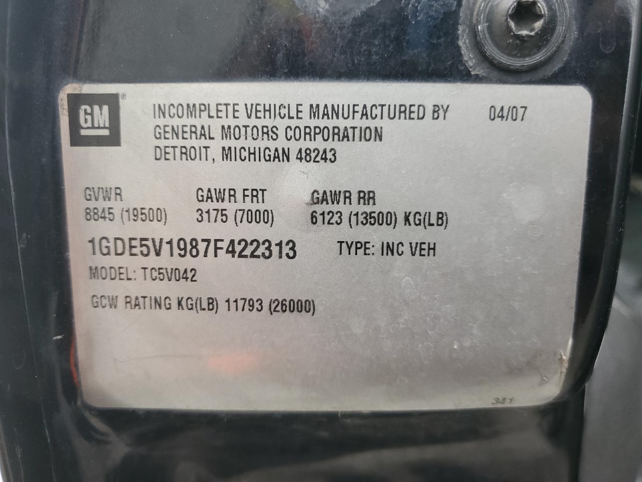 2007 GMC C5500 C5V042 VIN: 1GDE5V1987F422313 Lot: 85081485