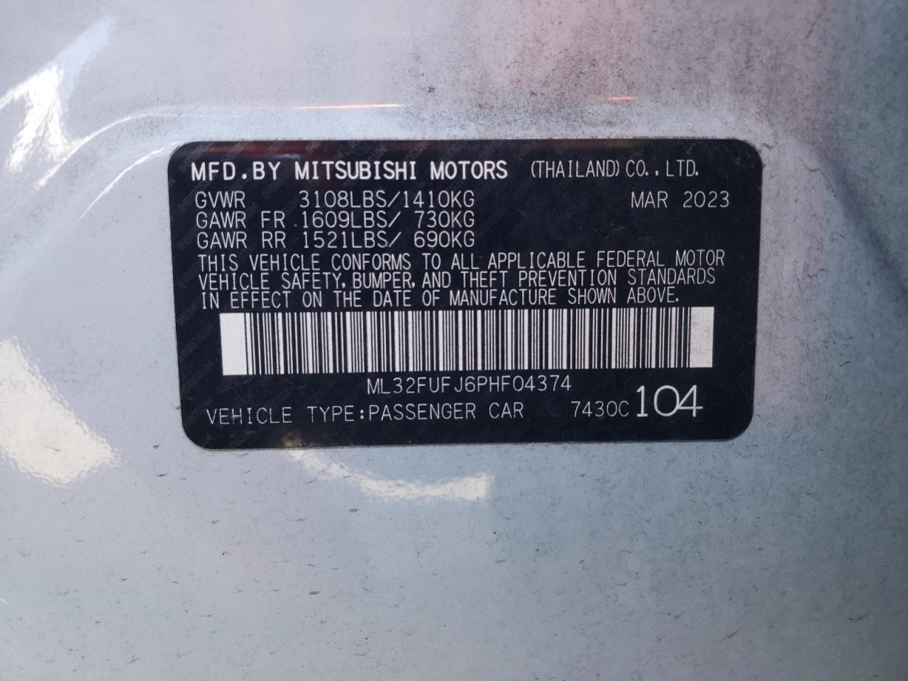 2023 Mitsubishi Mirage G4 Es VIN: ML32FUFJ6PHF04374 Lot: 87285805