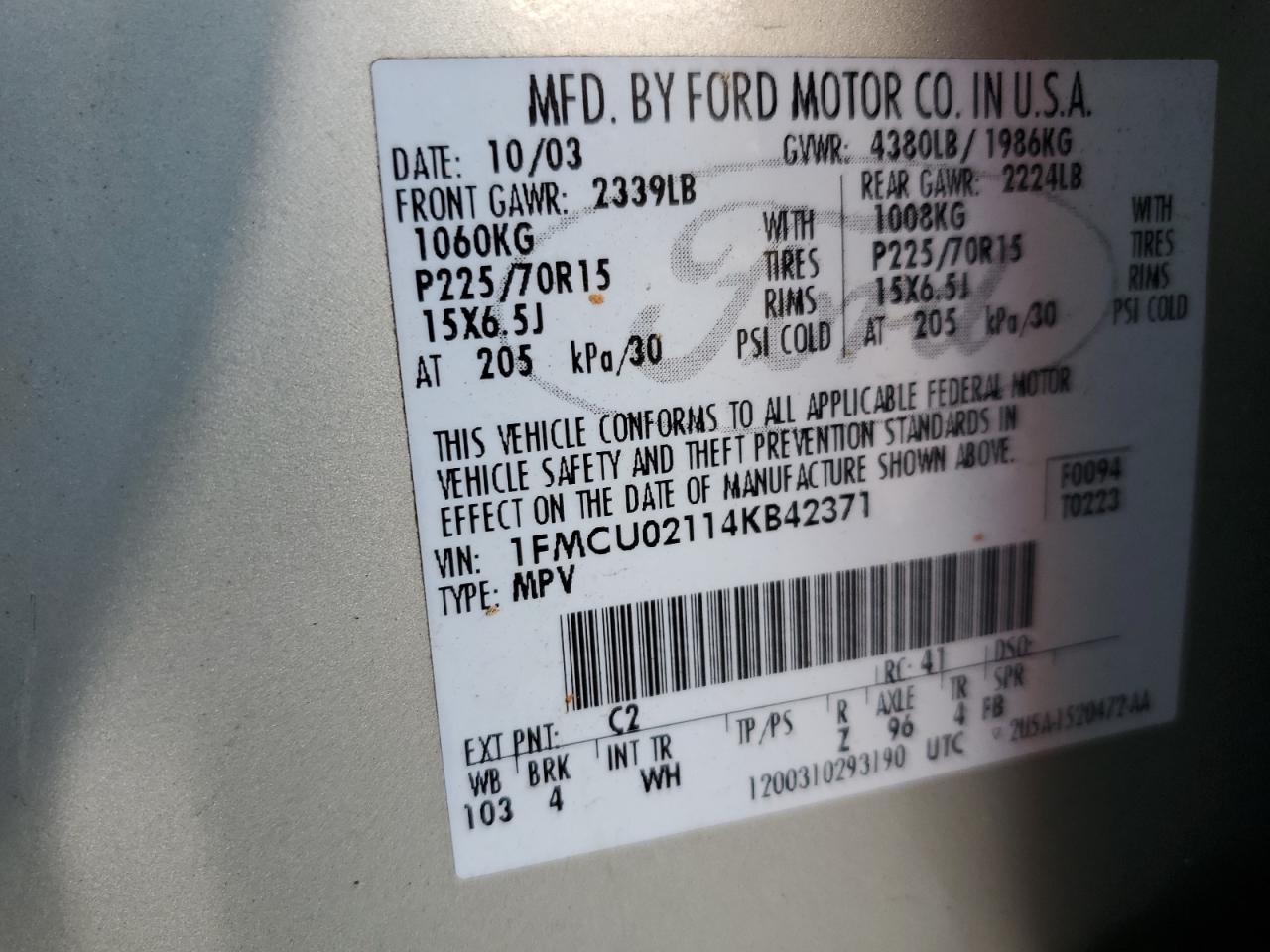 2004 Ford Escape Xls VIN: 1FMCU02114KB42371 Lot: 86196385