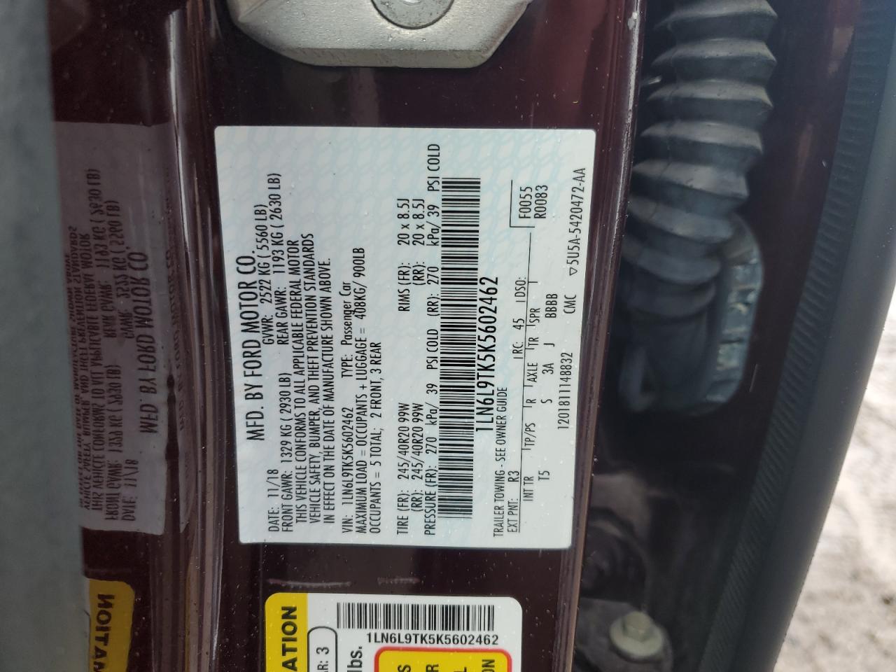 2019 Lincoln Continental Select VIN: 1LN6L9TK5K5602462 Lot: 87034115