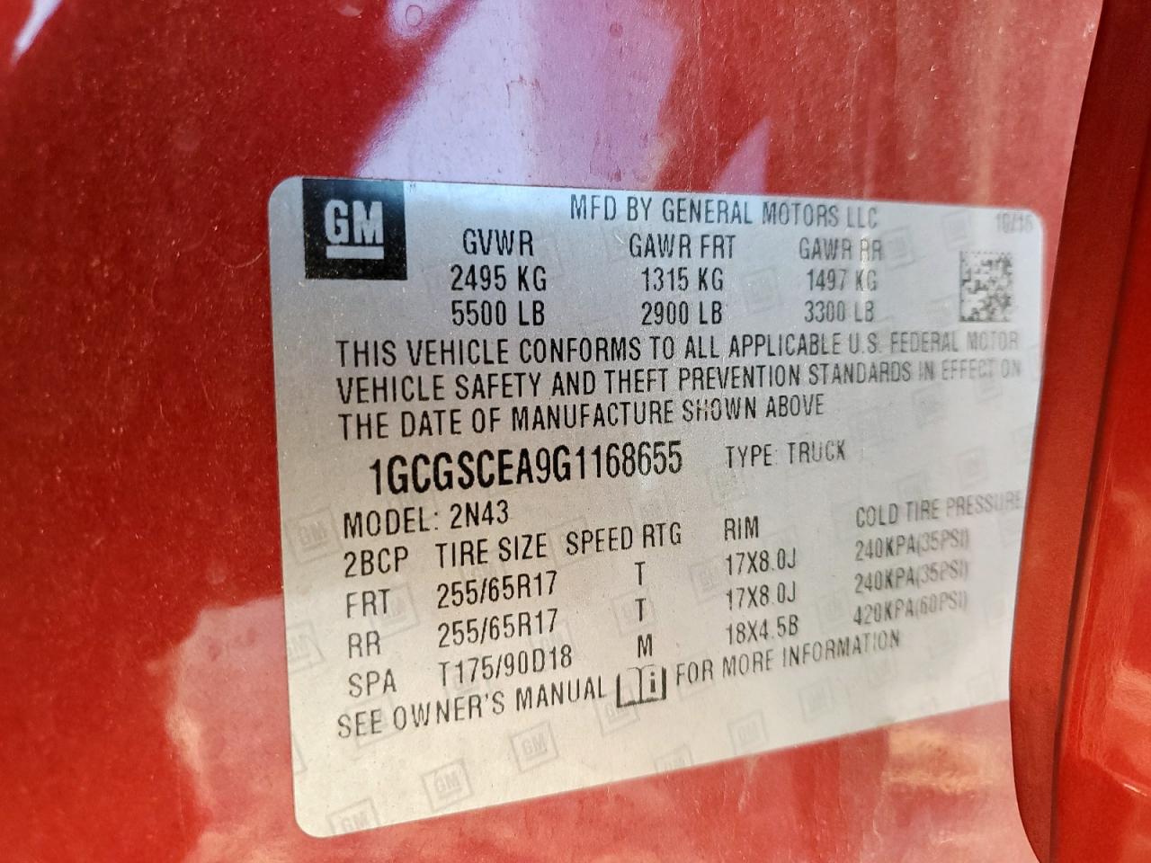 2016 Chevrolet Colorado Lt VIN: 1GCGSCEA9G1168655 Lot: 90595495