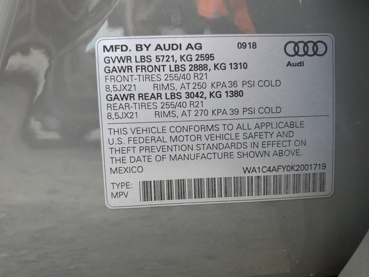 2019 Audi Sq5 Prestige VIN: WA1C4AFY0K2001719 Lot: 86265415