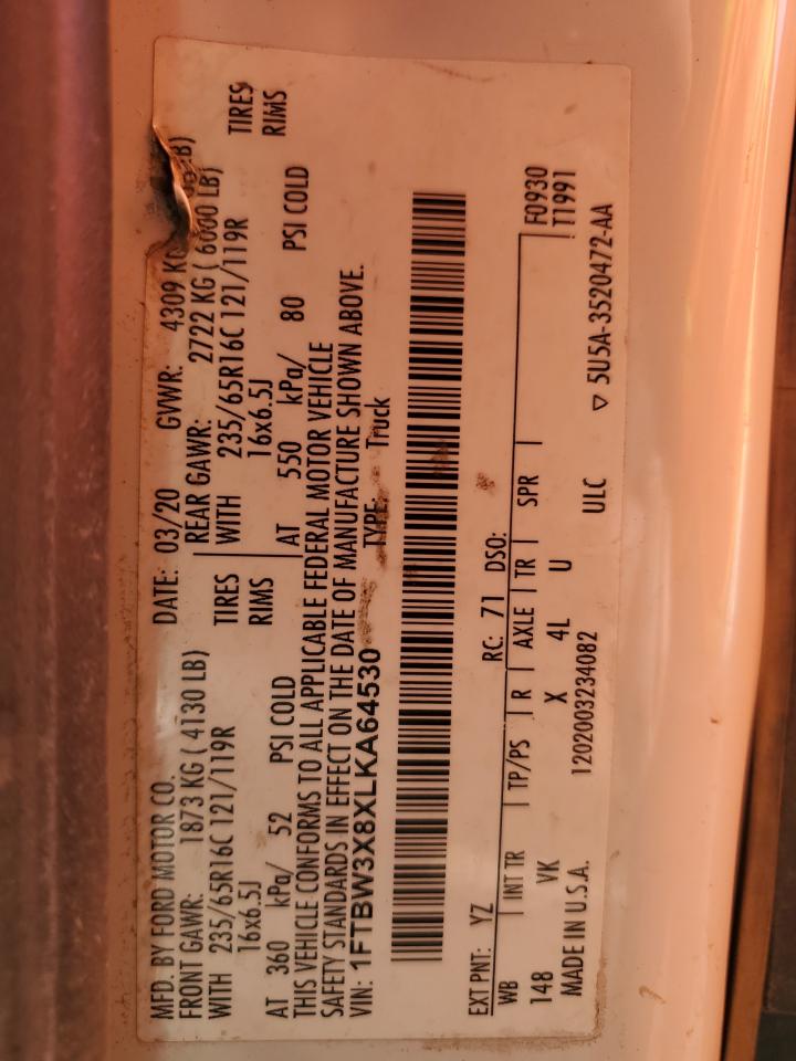 2020 Ford Transit T-350 Delivery Van VIN: 1FTBW3X8XLKA64530 Lot: 84373345