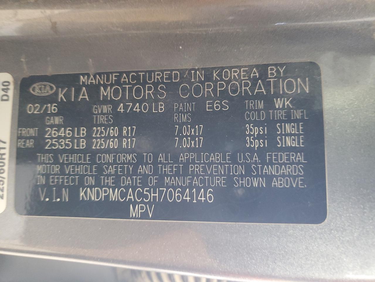 2017 Kia Sportage Lx VIN: KNDPMCAC5H7064146 Lot: 82272505