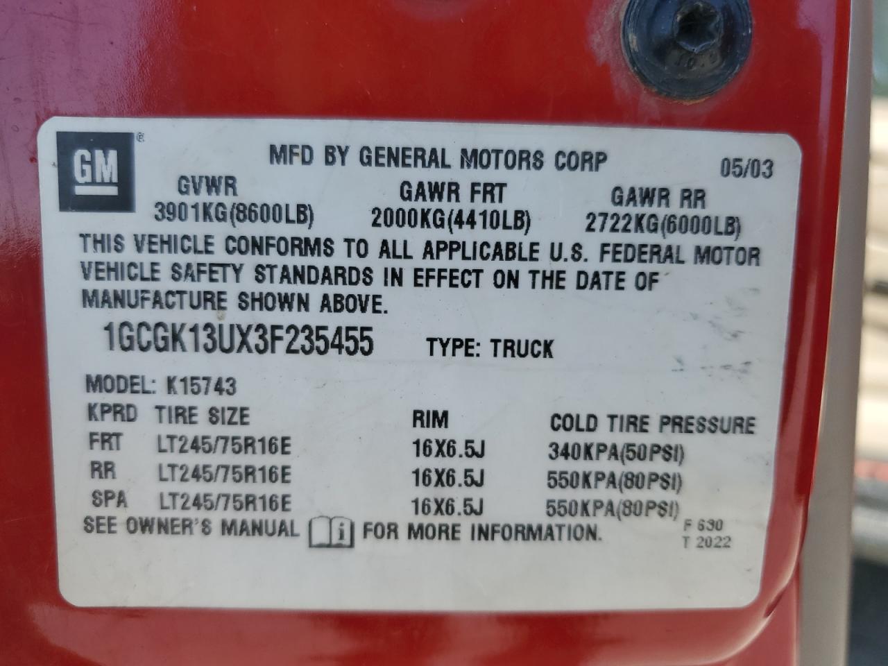 2003 Chevrolet Silverado K1500 Heavy Duty VIN: 1GCGK13UX3F235455 Lot: 82268475