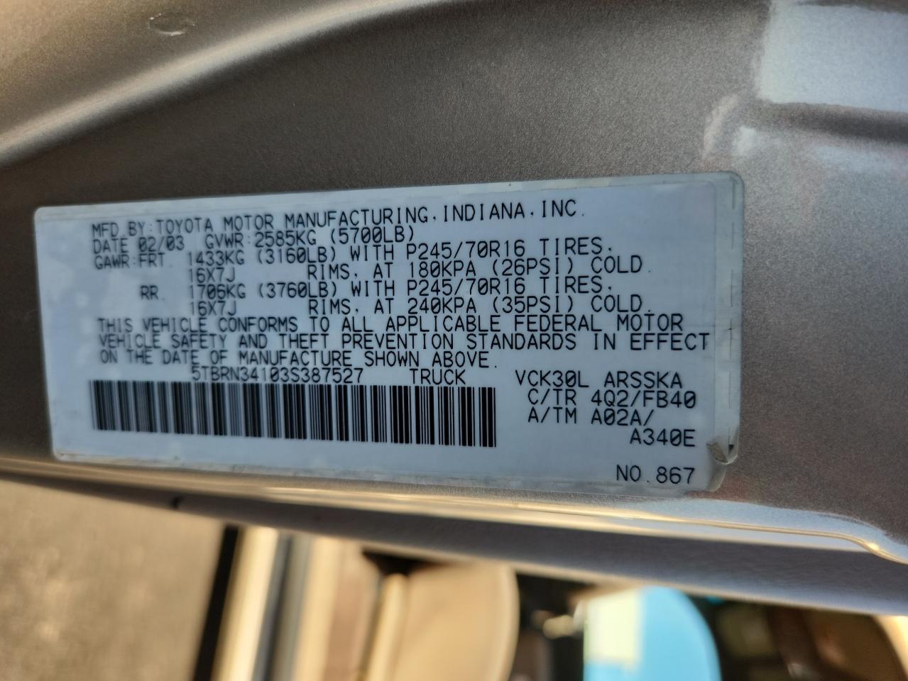 2003 Toyota Tundra Access Cab Sr5 VIN: 5TBRN34103S387527 Lot: 82659435