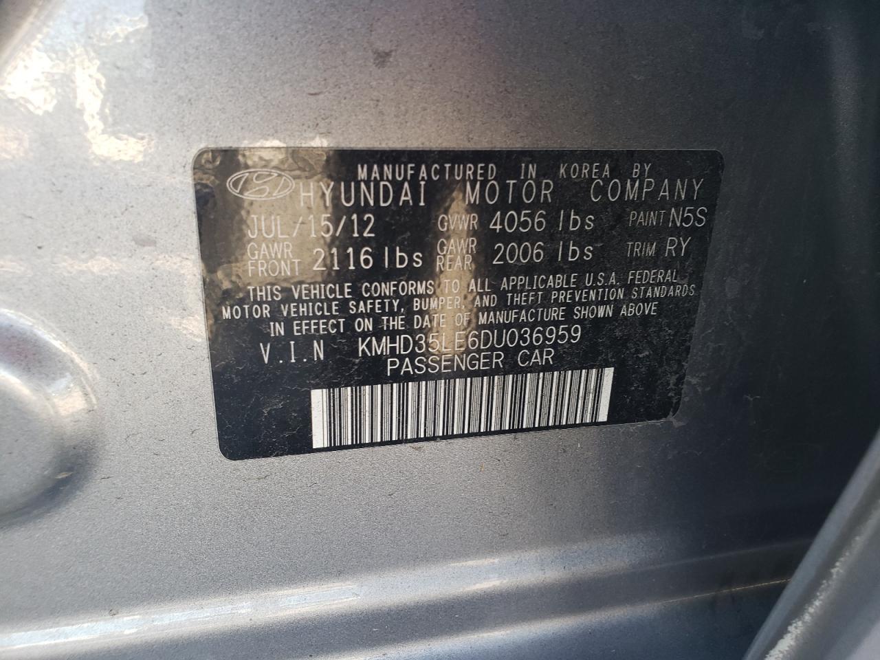 2013 Hyundai Elantra Gt VIN: KMHD35LE6DU036959 Lot: 86460415