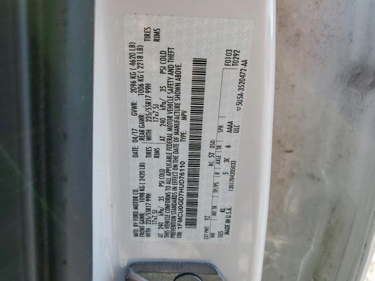 2017 Ford Escape Se VIN: 1FMCU0GD7HUD76110 Lot: 81997335