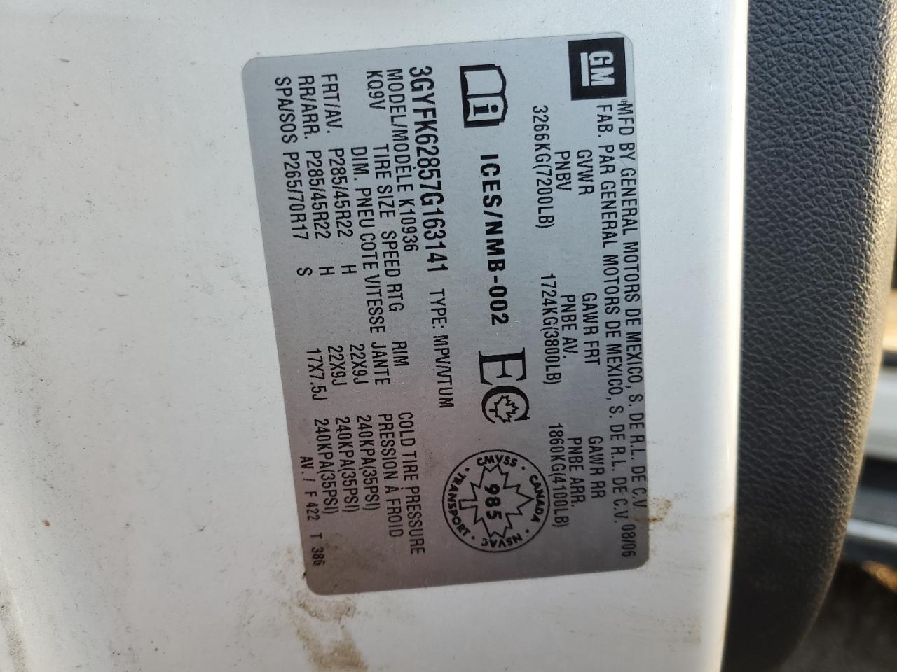 2007 Cadillac Escalade Ext VIN: 3GYFK62857G163141 Lot: 90221255