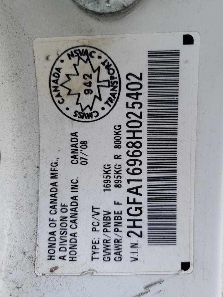 2008 Honda Civic Exl VIN: 2HGFA16968H025402 Lot: 85096535