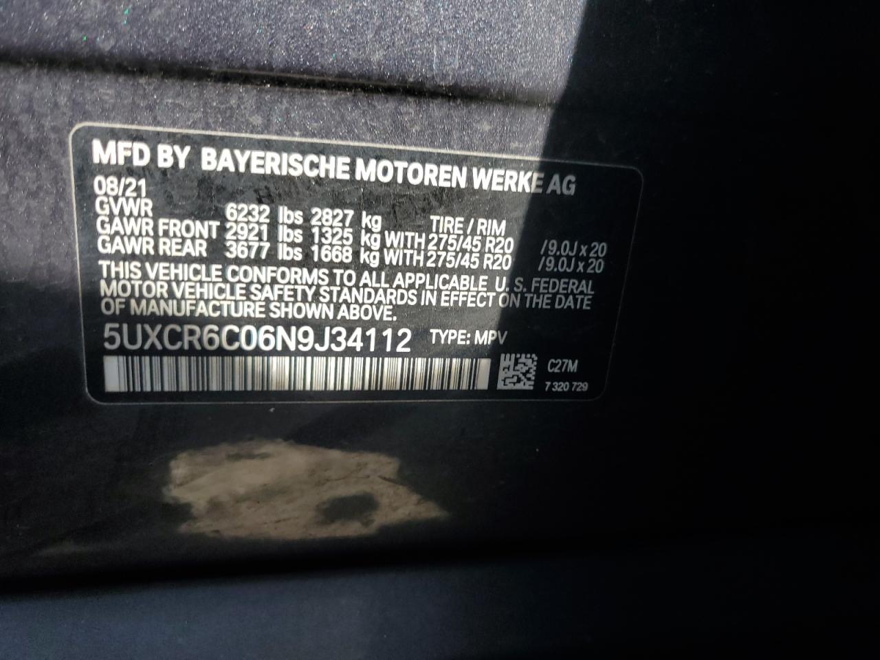 2022 BMW X5 xDrive40I VIN: 5UXCR6C06N9J34112 Lot: 85155465