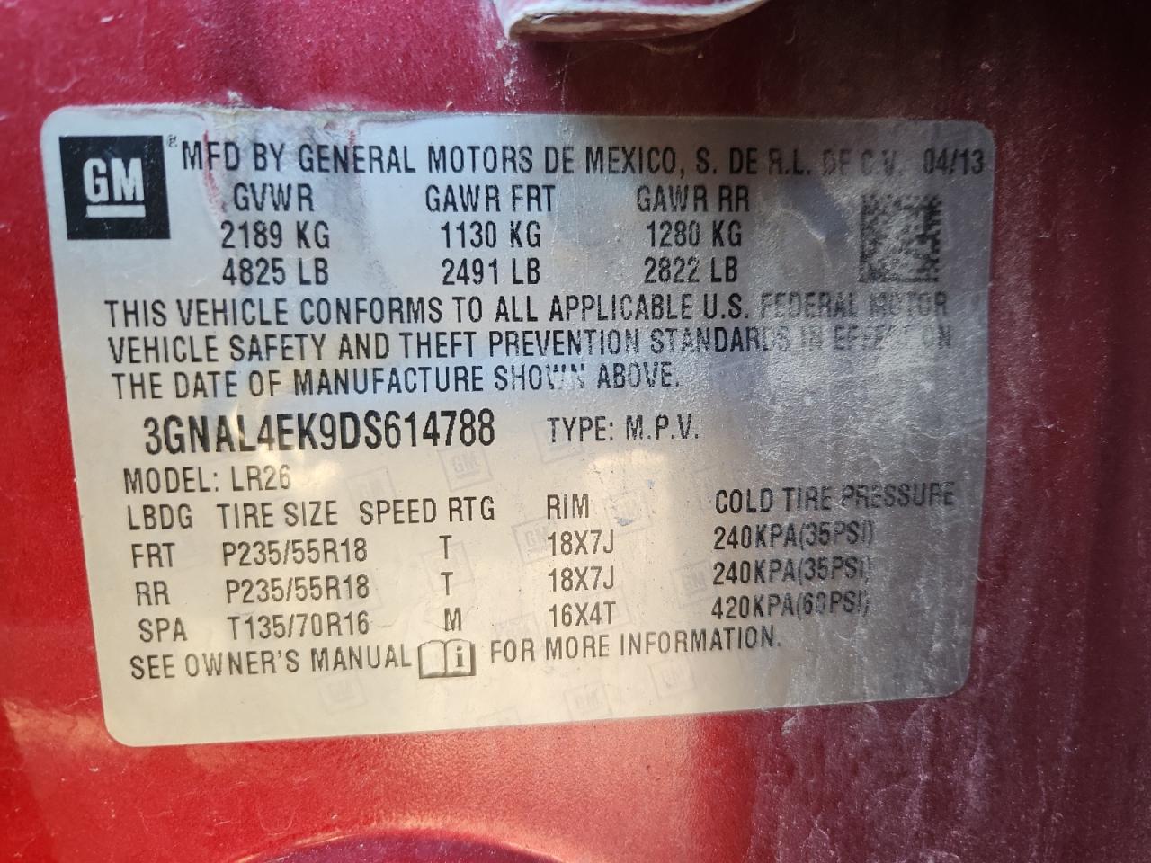 2013 Chevrolet Captiva Ltz VIN: 3GNAL4EK9DS614788 Lot: 85383775