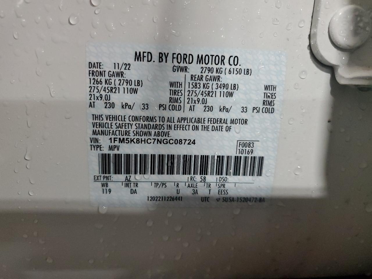 2022 Ford Explorer Platinum VIN: 1FM5K8HC7NGC08724 Lot: 86646025