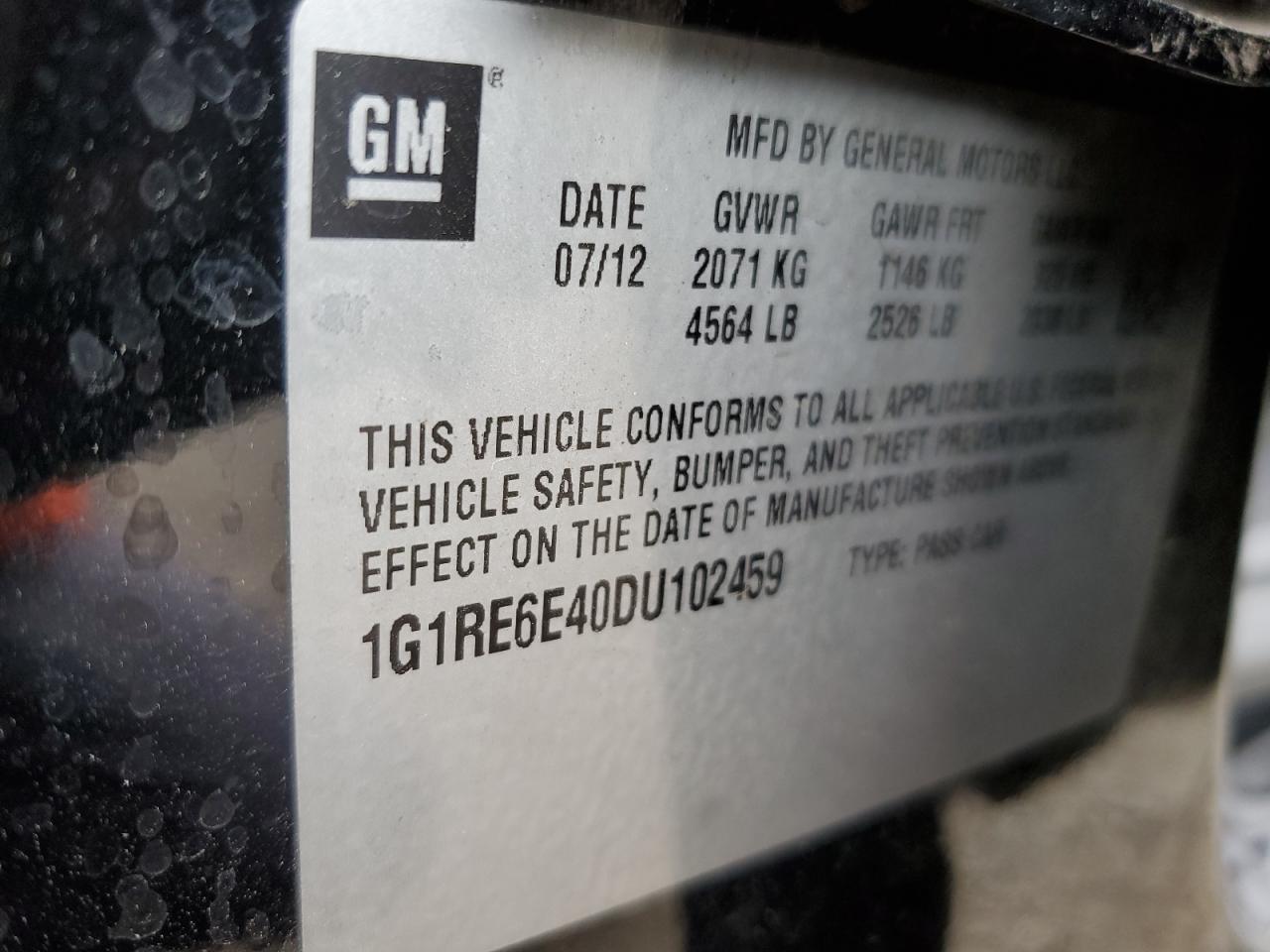 2013 Chevrolet Volt VIN: 1G1RE6E40DU102459 Lot: 85590135