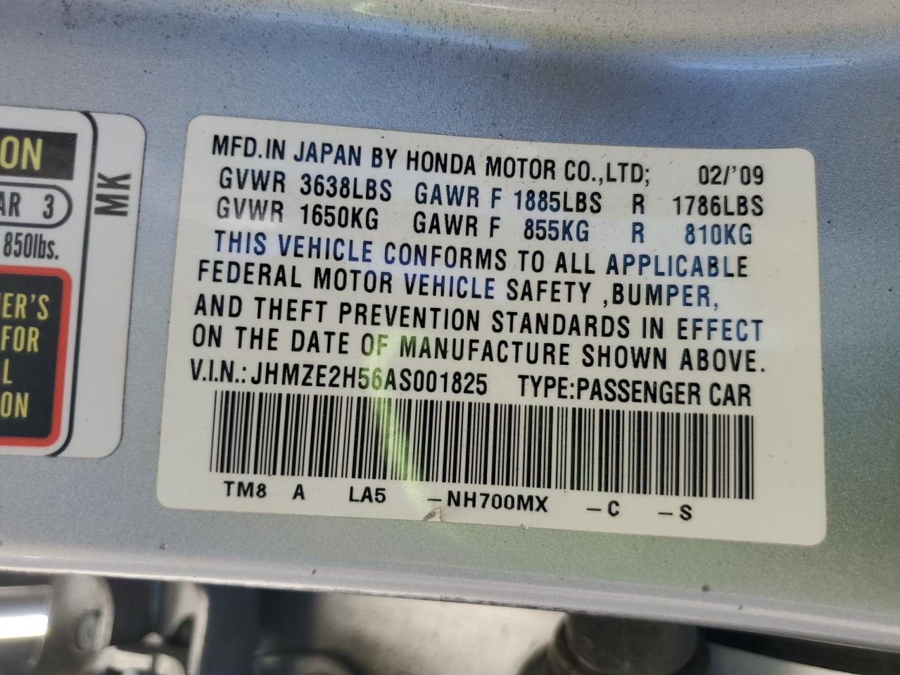 2010 Honda Insight Lx VIN: JHMZE2H56AS001825 Lot: 85008515