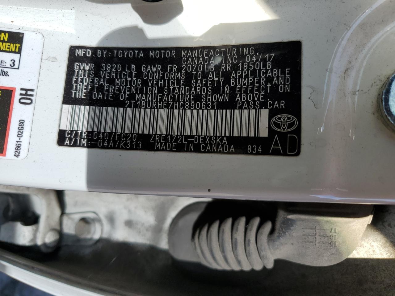 2017 Toyota Corolla L VIN: 2T1BURHE7HC890631 Lot: 84385855