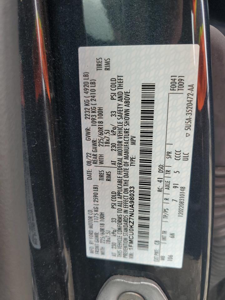 2022 Ford Escape Sel VIN: 1FMCU0KZ7NUA98033 Lot: 85847225