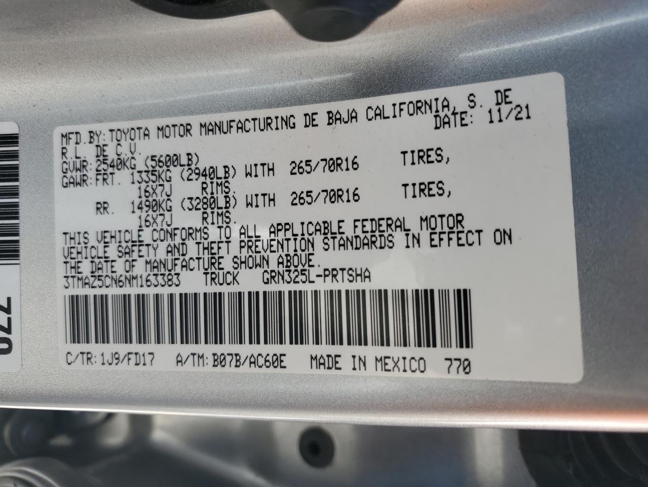 2022 Toyota Tacoma Double Cab VIN: 3TMAZ5CN6NM163383 Lot: 85747665