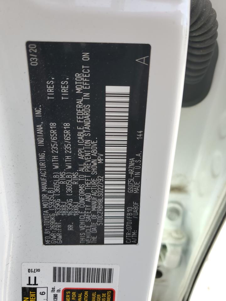 2020 Toyota Highlander L VIN: 5TDCZRBH8LS022792 Lot: 84444255