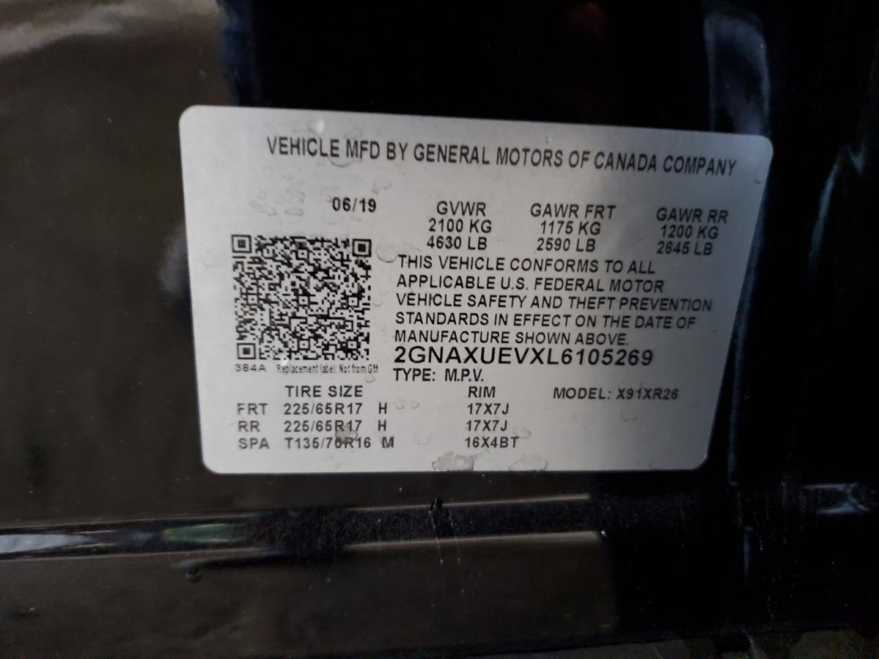 2020 Chevrolet Equinox Lt VIN: 2GNAXUEVXL6105269 Lot: 81964135