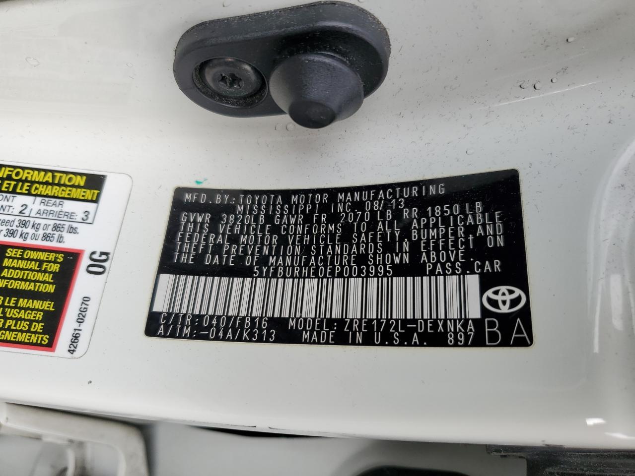 2014 Toyota Corolla L VIN: 5YFBURHE0EP003995 Lot: 82209515