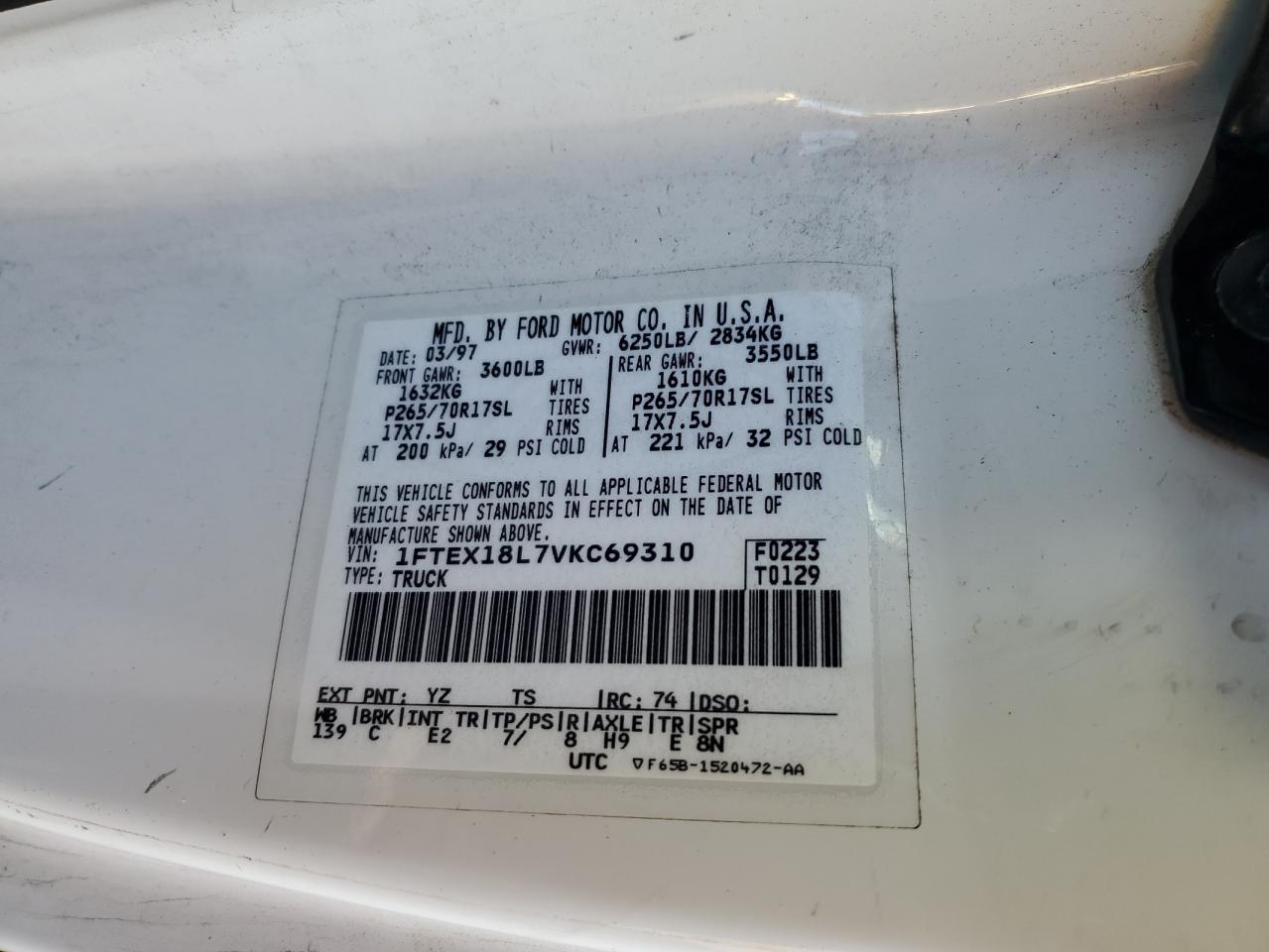 1997 Ford F150 VIN: 1FTEX18L7VKC69310 Lot: 85752395
