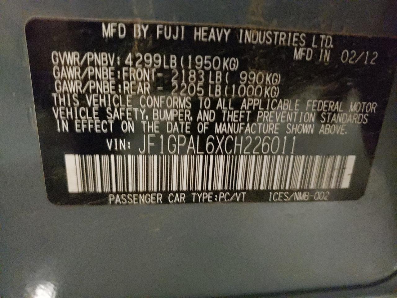 2012 Subaru Impreza Sport Premium VIN: JF1GPAL6XCH226011 Lot: 82206535