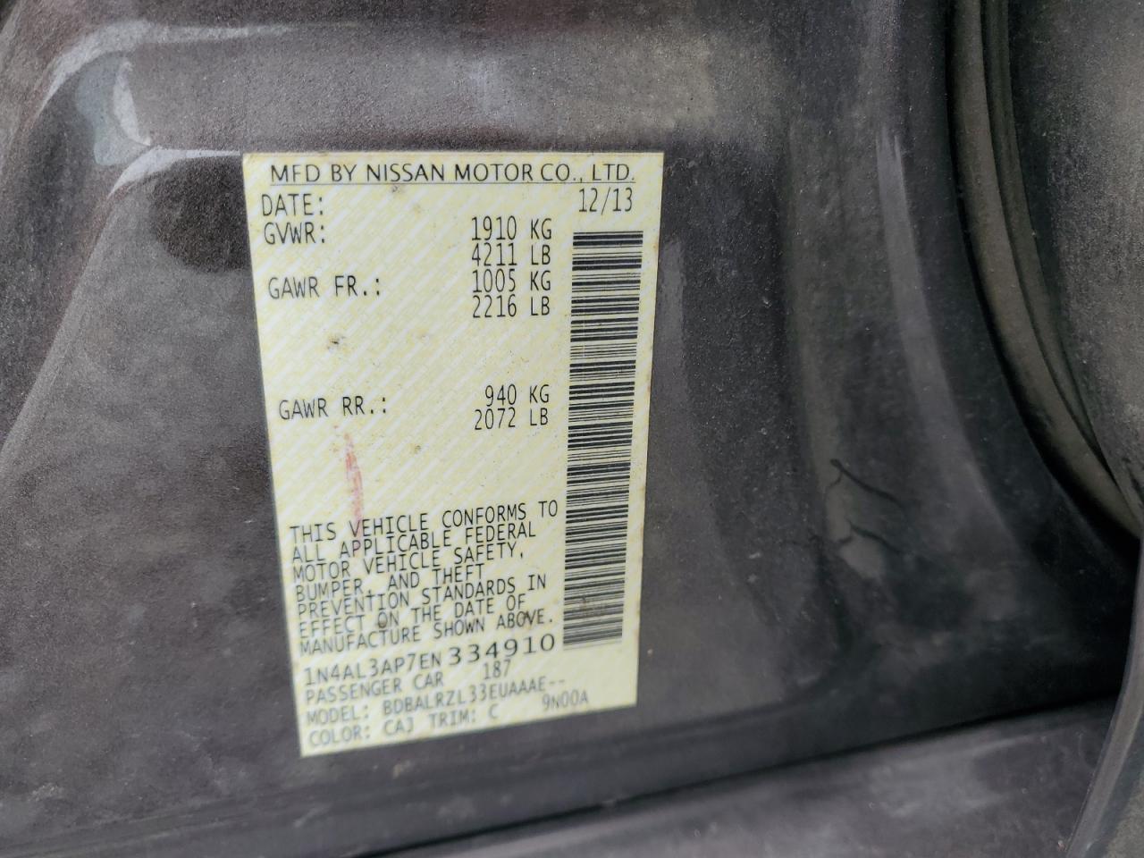 2014 Nissan Altima 2.5 VIN: 1N4AL3AP7EN334910 Lot: 85141375