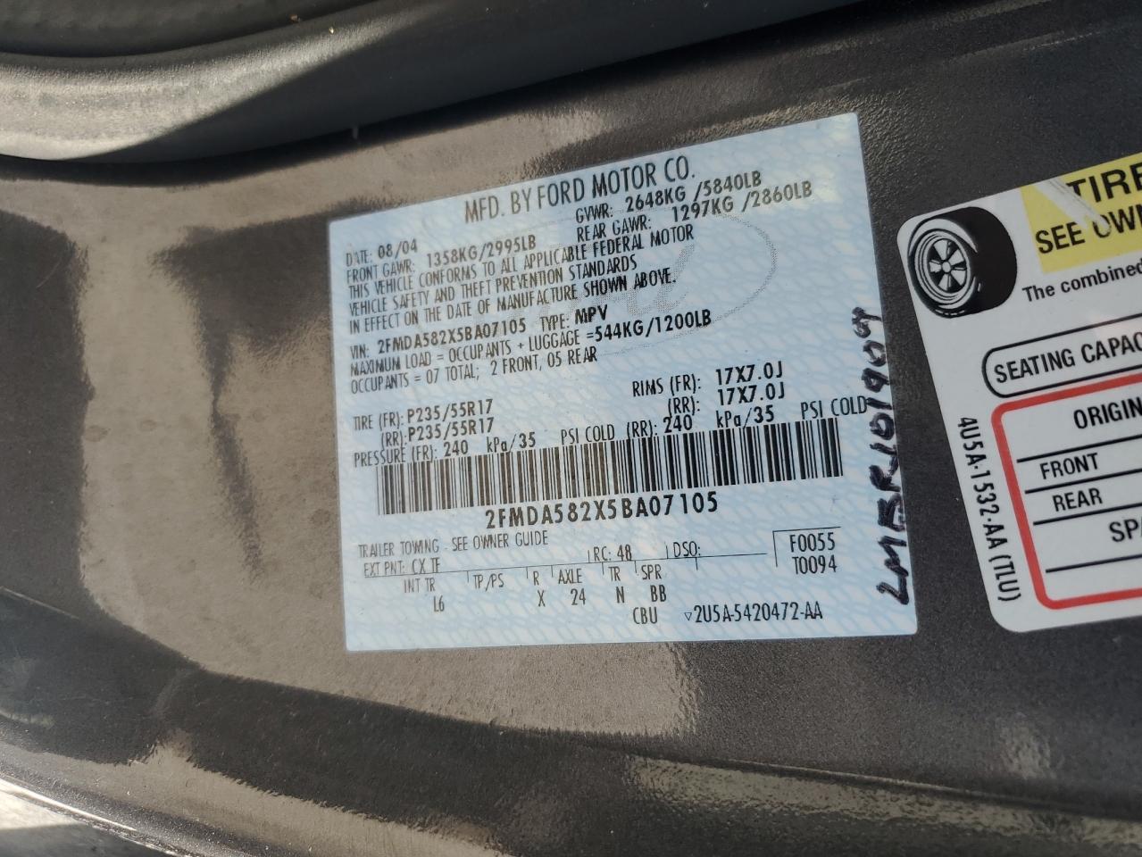 2005 Ford Freestar Limited VIN: 2FMDA582X5BA07105 Lot: 86634215