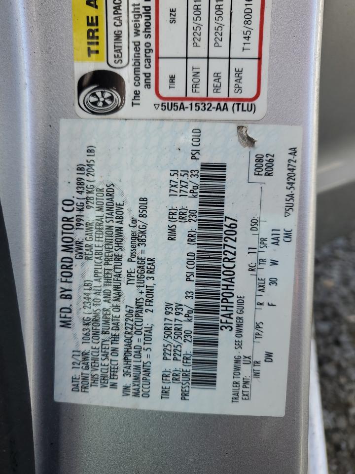 2012 Ford Fusion Se VIN: 3FAHP0HA0CR272067 Lot: 89731665