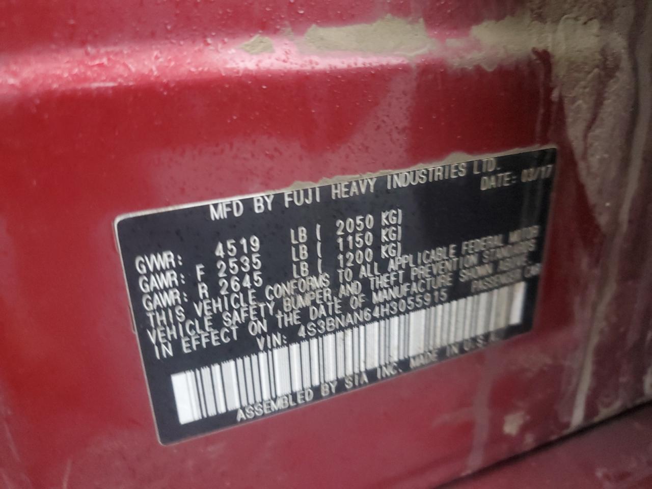 2017 Subaru Legacy 2.5I Limited VIN: 4S3BNAN64H3055915 Lot: 90094715