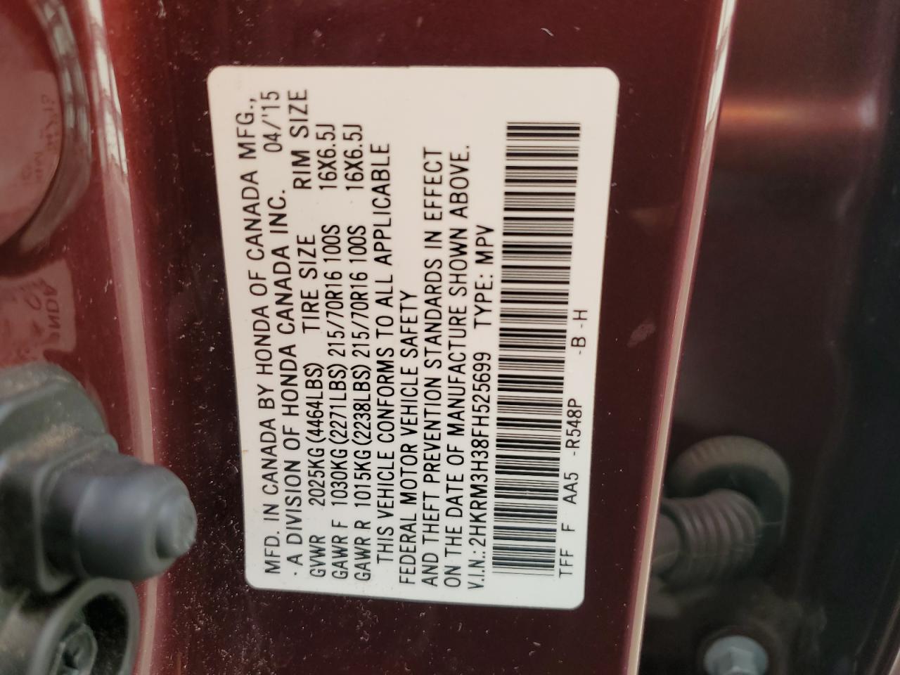 2015 Honda Cr-V Lx VIN: 2HKRM3H38FH525699 Lot: 85870975