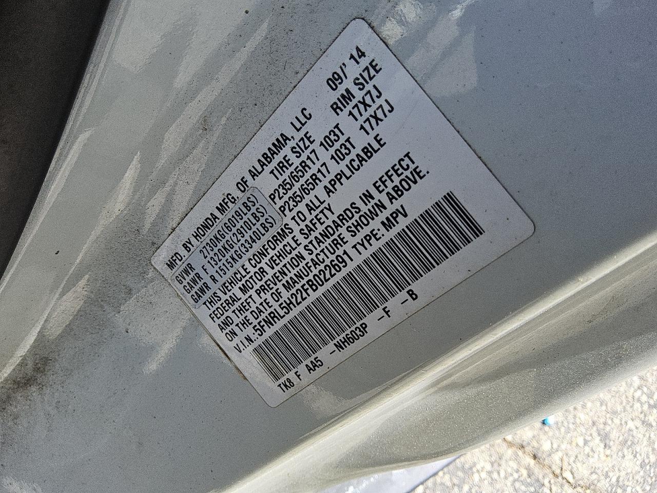 2015 Honda Odyssey Lx VIN: 5FNRL5H22FB022691 Lot: 80021025