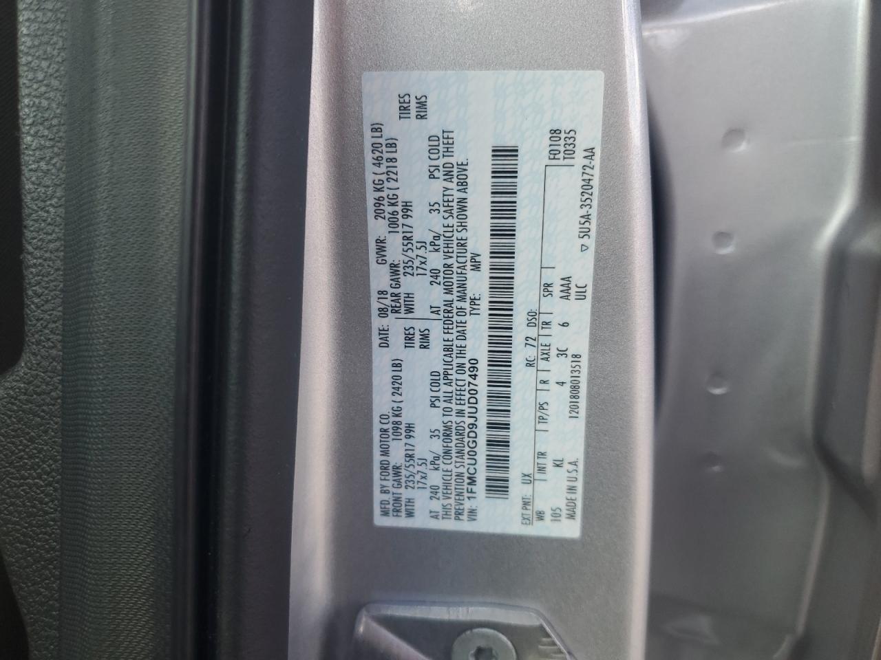 2018 Ford Escape Se VIN: 1FMCU0GD9JUD07490 Lot: 84643325