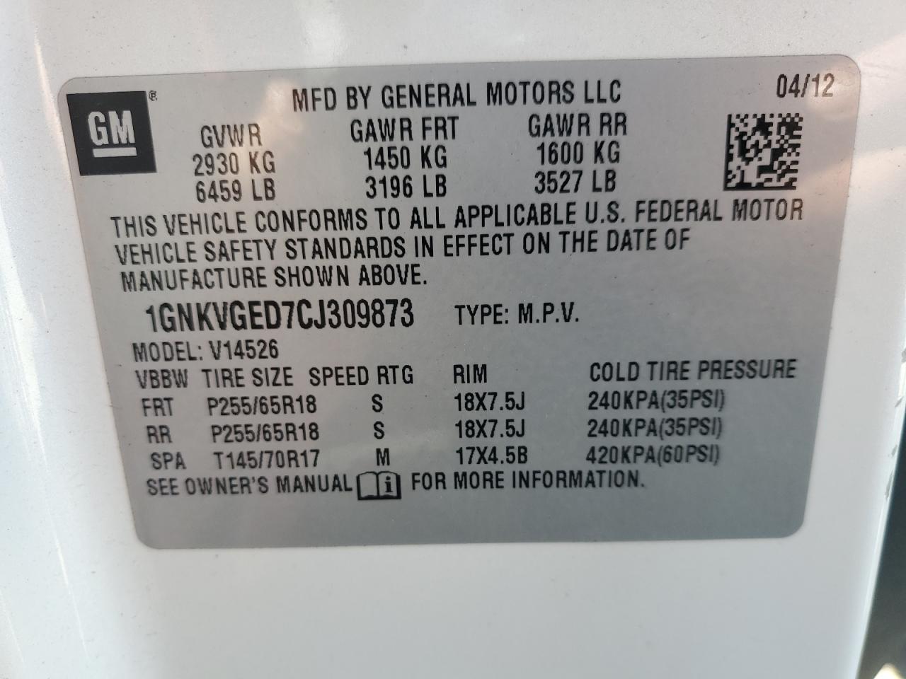 2012 Chevrolet Traverse Lt VIN: 1GNKVGED7CJ309873 Lot: 84890725