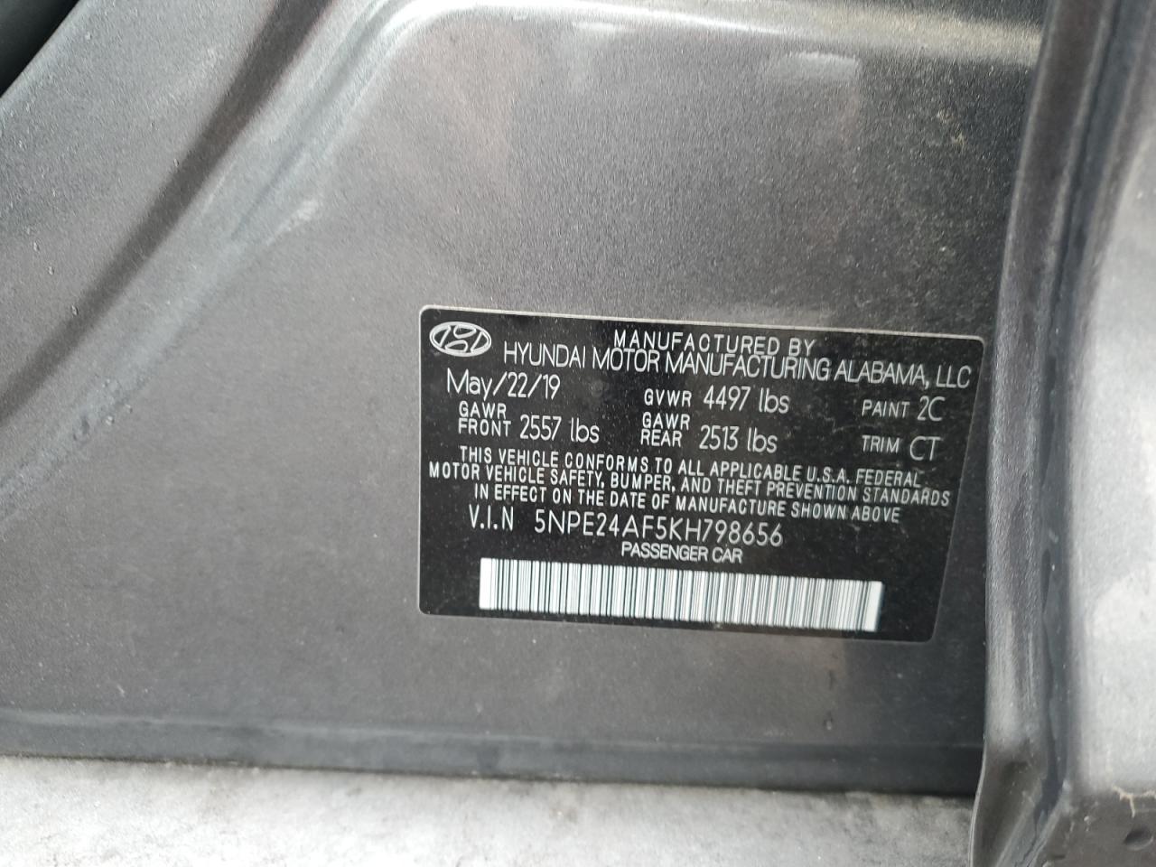 2019 Hyundai Sonata Se VIN: 5NPE24AF5KH798656 Lot: 84801815