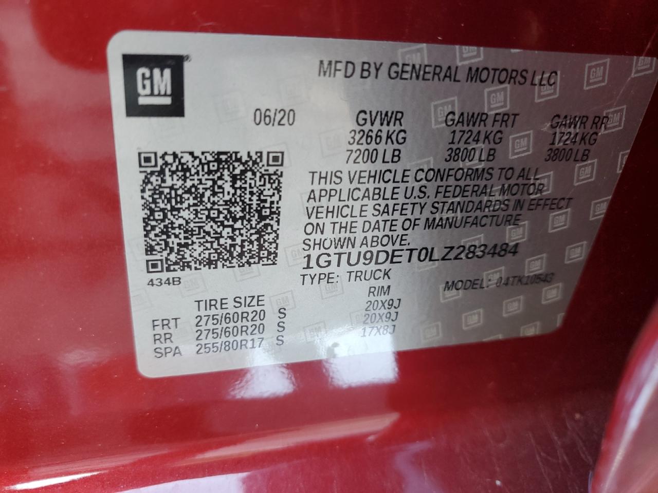 2020 GMC Sierra K1500 Slt VIN: 1GTU9DET0LZ283484 Lot: 86429035