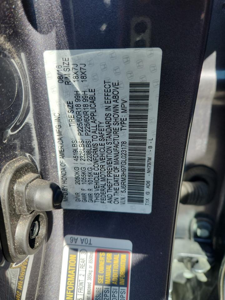 2016 Honda Cr-V Touring VIN: 5J6RM3H97GL023178 Lot: 82568915