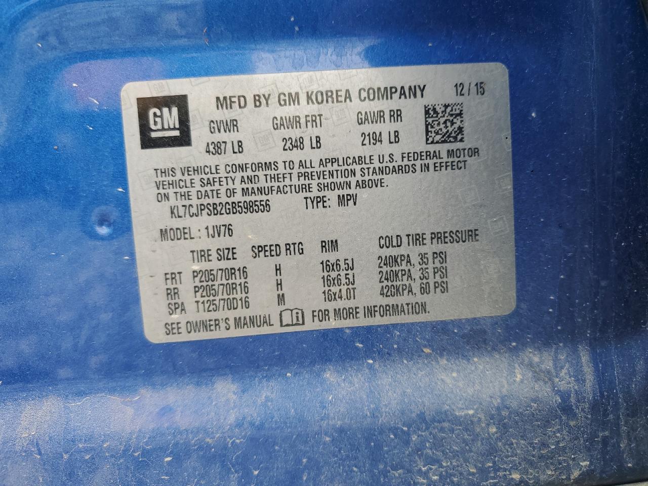 2016 Chevrolet Trax 1Lt VIN: KL7CJPSB2GB598556 Lot: 90271865