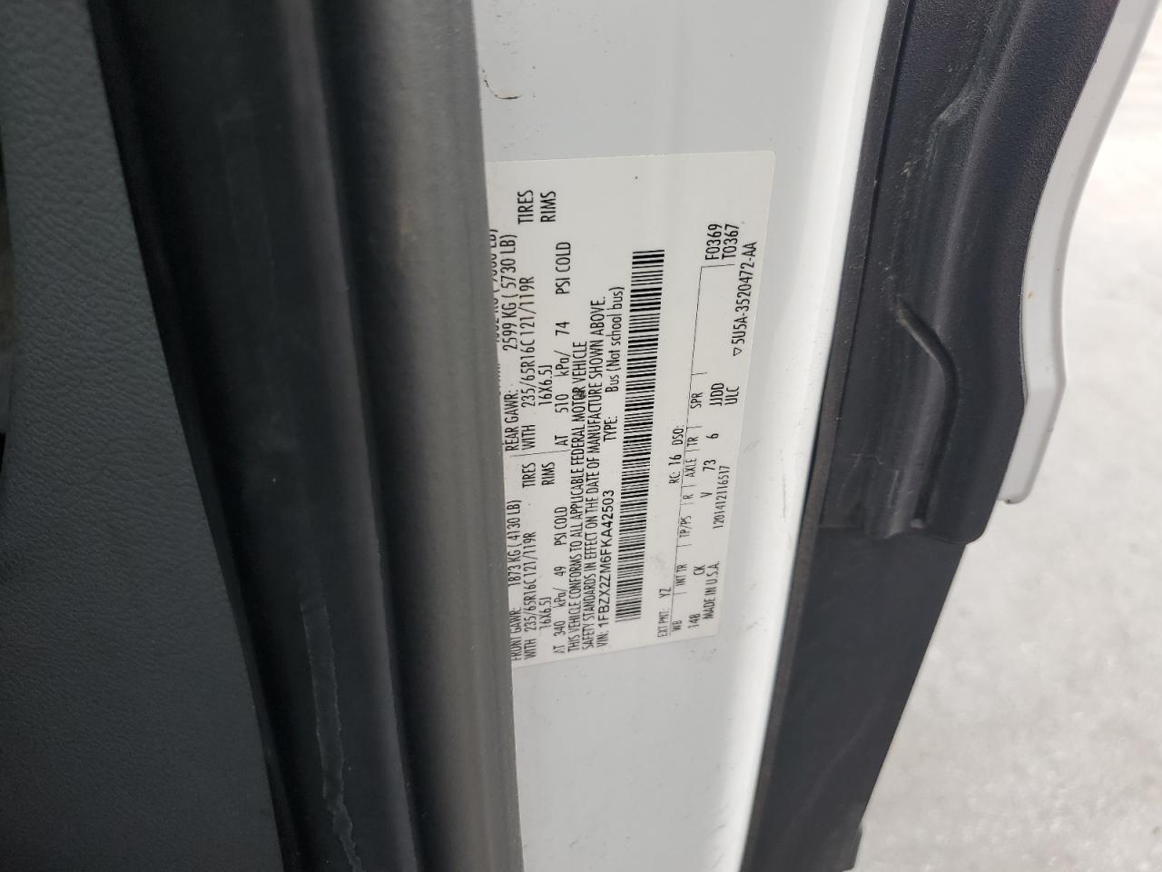 2015 Ford Transit T-350 VIN: 1FBZX2ZM6FKA42503 Lot: 86607915