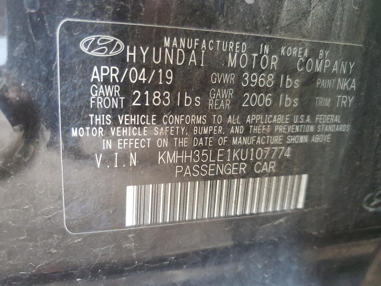 2019 Hyundai Elantra Gt VIN: KMHH35LE1KU107774 Lot: 85707735