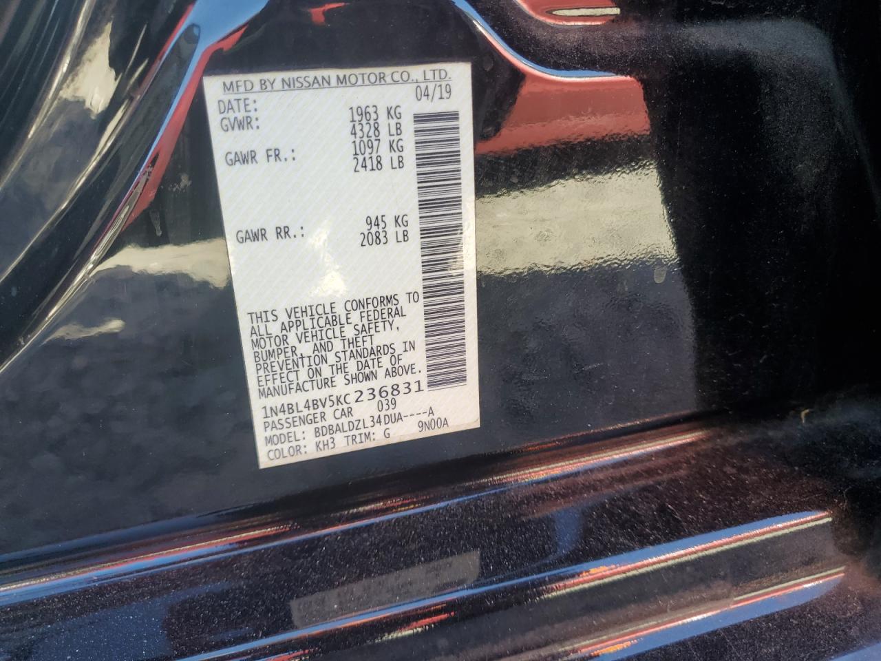 2019 Nissan Altima S VIN: 1N4BL4BV5KC236831 Lot: 85071625