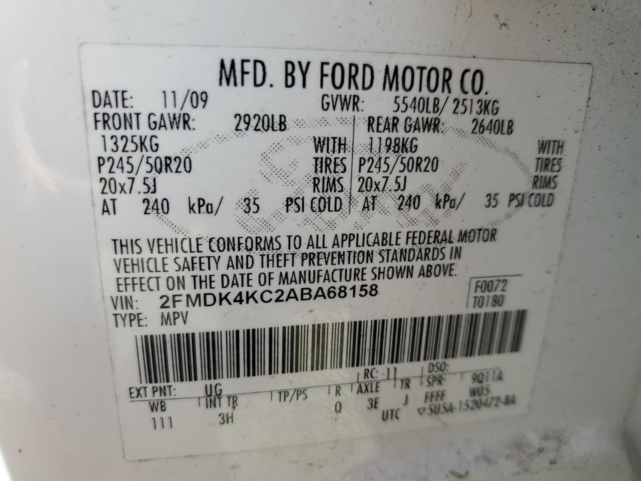 2010 Ford Edge Limited VIN: 2FMDK4KC2ABA68158 Lot: 86836625