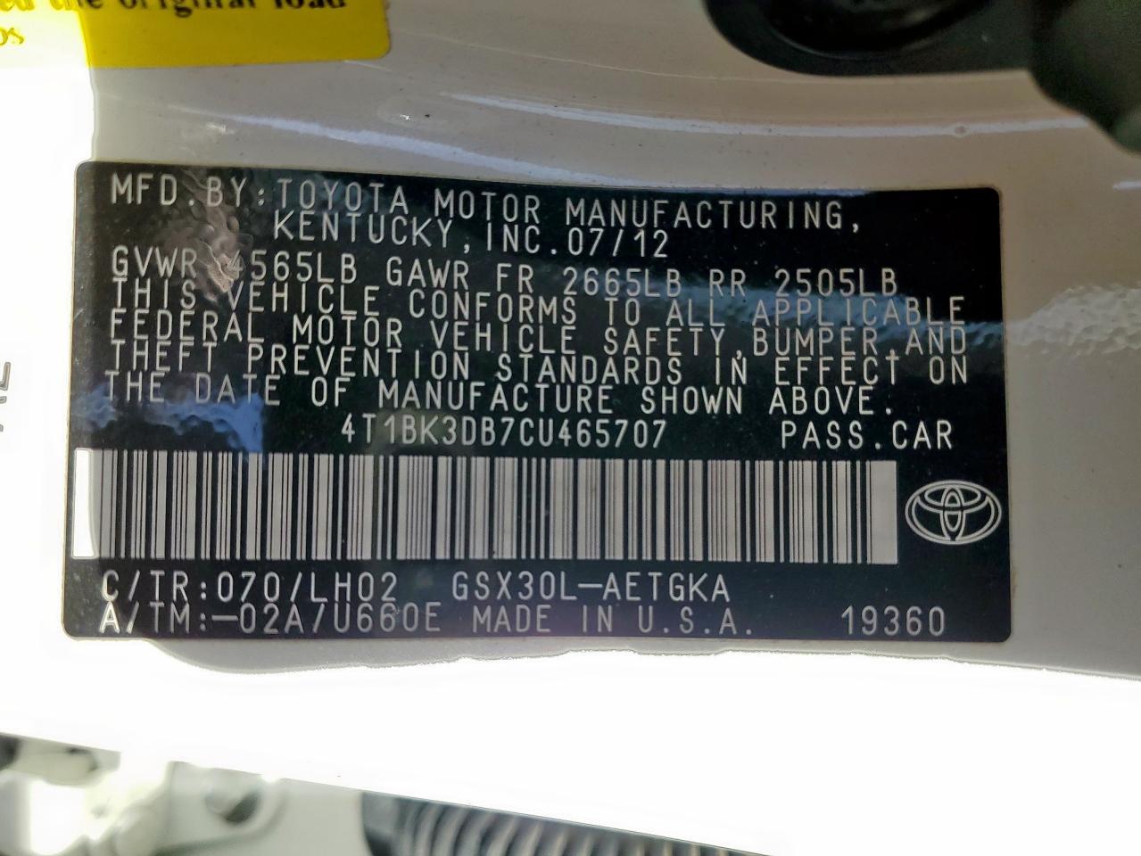 2012 Toyota Avalon Base VIN: 4T1BK3DB7CU465707 Lot: 82305245